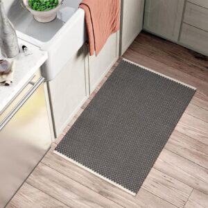 Sungea Small Rugs 2x3,Washable Rug for Entryway Indoor Thick Absorbent Bathroom Rugs,Cotton Hand Woven Kitchen Rug Farmhouse Throw Rugs for Front Door/Entry/Outdoor(Dark Grey)