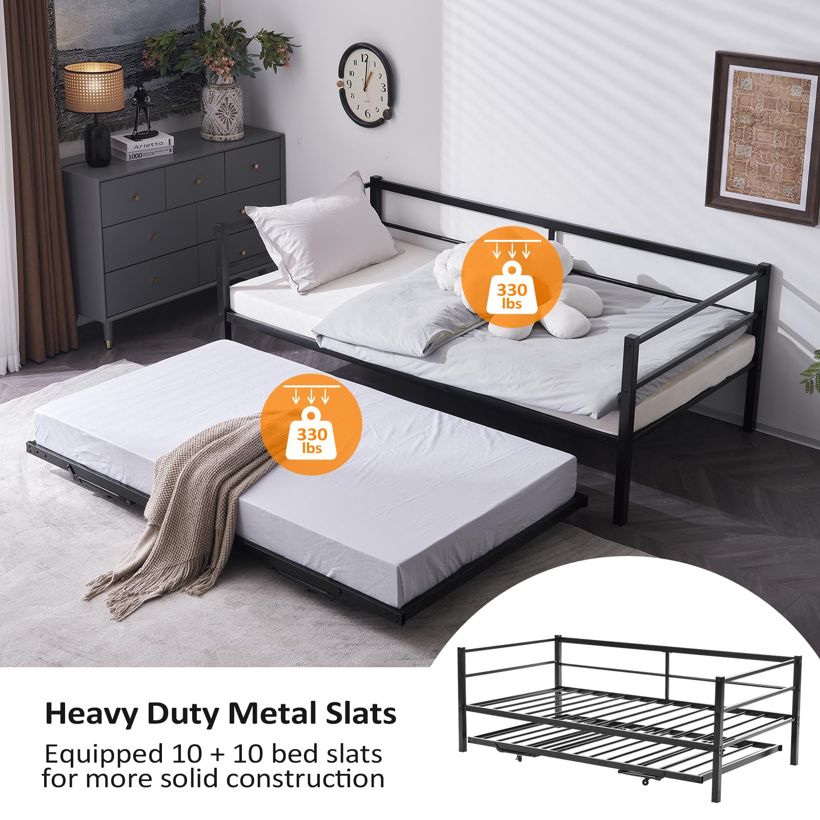 VINGLI Daybed with Pop Up Trundle, Heavy Duty Metal Twin Bed with Trundle, No Box Spring Needed, Black