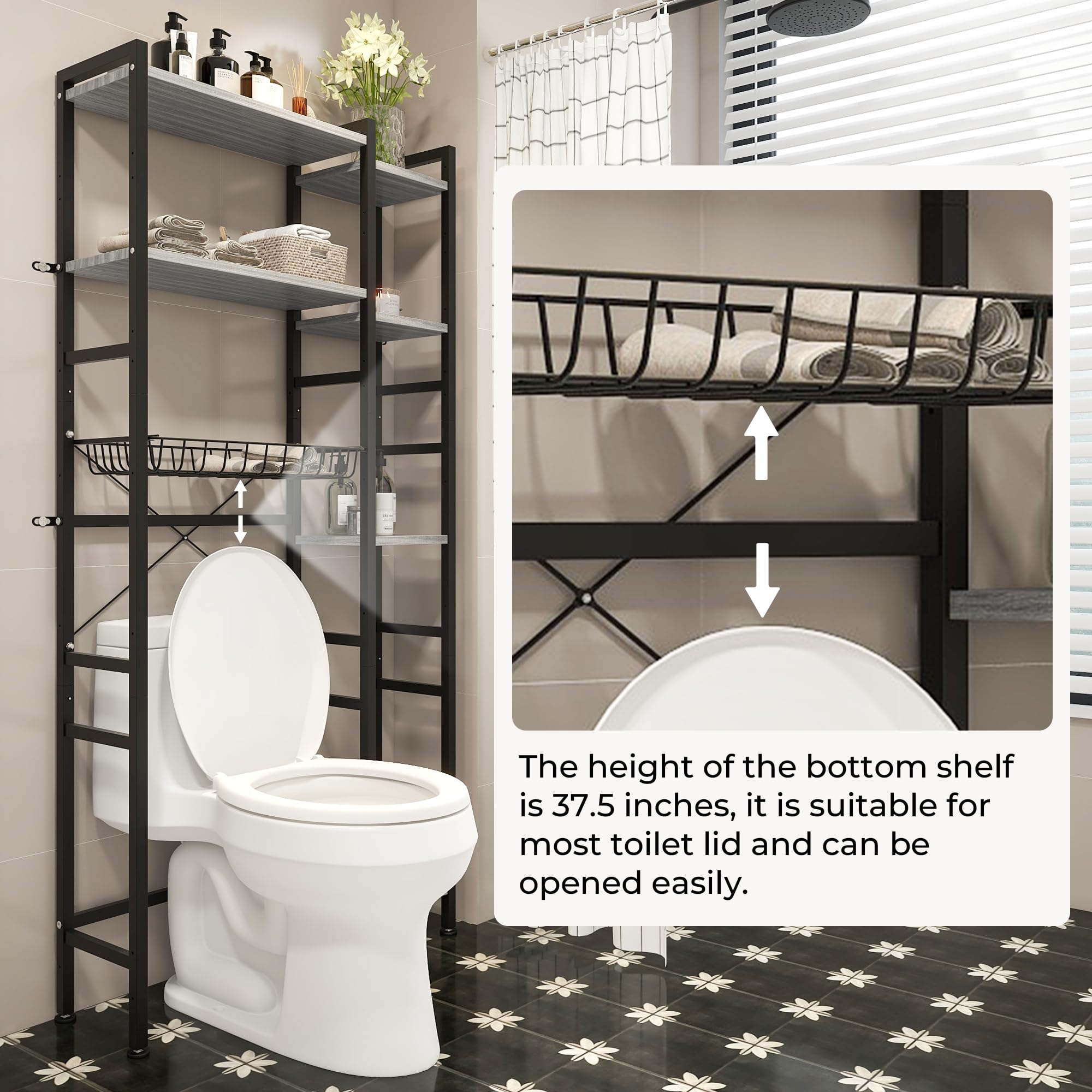 GRANNY SAYS Over The Toilet Storage Shelf, 6 Tier Metal Over Toilet Bathroom Organizer, Freestanding Over Toilet Shelf Rack with Basket & Adjustable Shelf for Bathroom, Restroom, Black