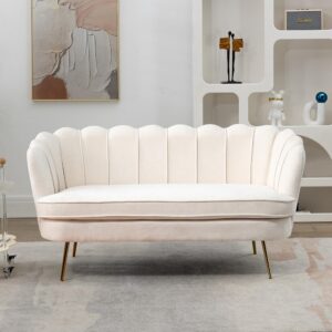 DWOYFO 59” Small Modern Chenille Loveseat Sofa, 2-Seater Sofa with Gold Metal Legs, Small Couch with Flower Shaped Back for Living Room Bedroom Office (Beige & Chenille)