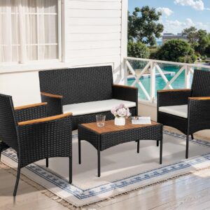 Shintenchi 4-Piece Patio Furniture Set, Outdoor Wicker Patio Conversation Furniture Set with Cushions and Wooden Tabletop for Paito Lawn Backyard, White Cushion