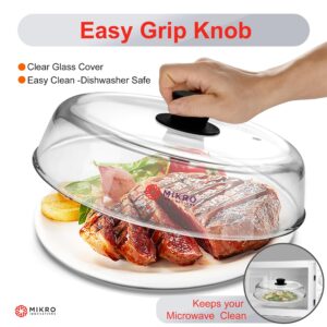 Glass Microwave splatter cover for food plate - Sturdy Borosilicate glass splatter guard with vent hole - 100% Food Safe BPA free Easy Grip Silicone Knob and Dishwasher safe - 10.5in