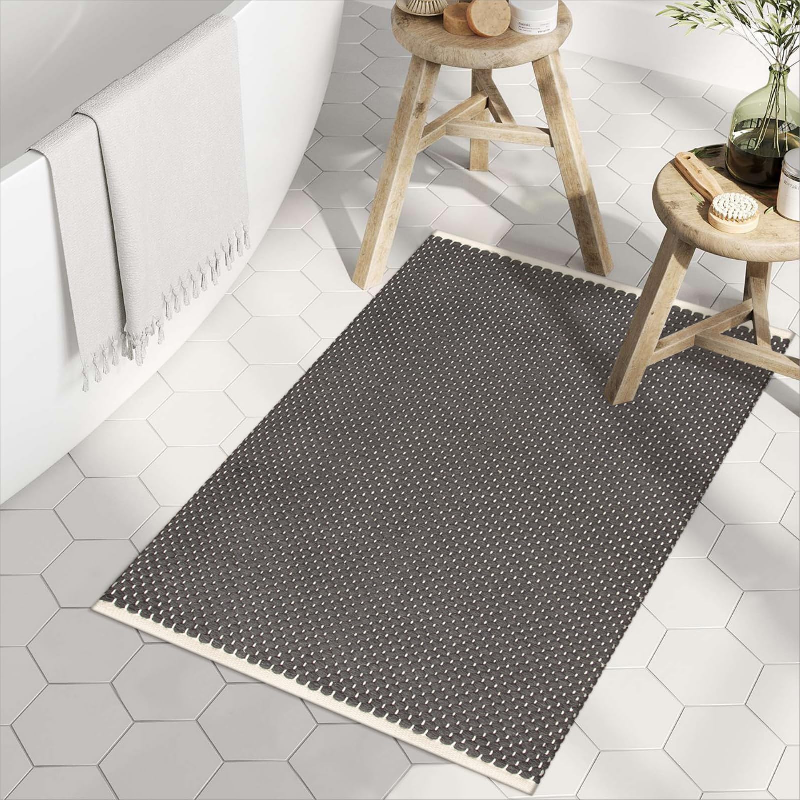 Sungea Small Rugs 2x3,Washable Rug for Entryway Indoor Thick Absorbent Bathroom Rugs,Cotton Hand Woven Kitchen Rug Farmhouse Throw Rugs for Front Door/Entry/Outdoor(Dark Grey)