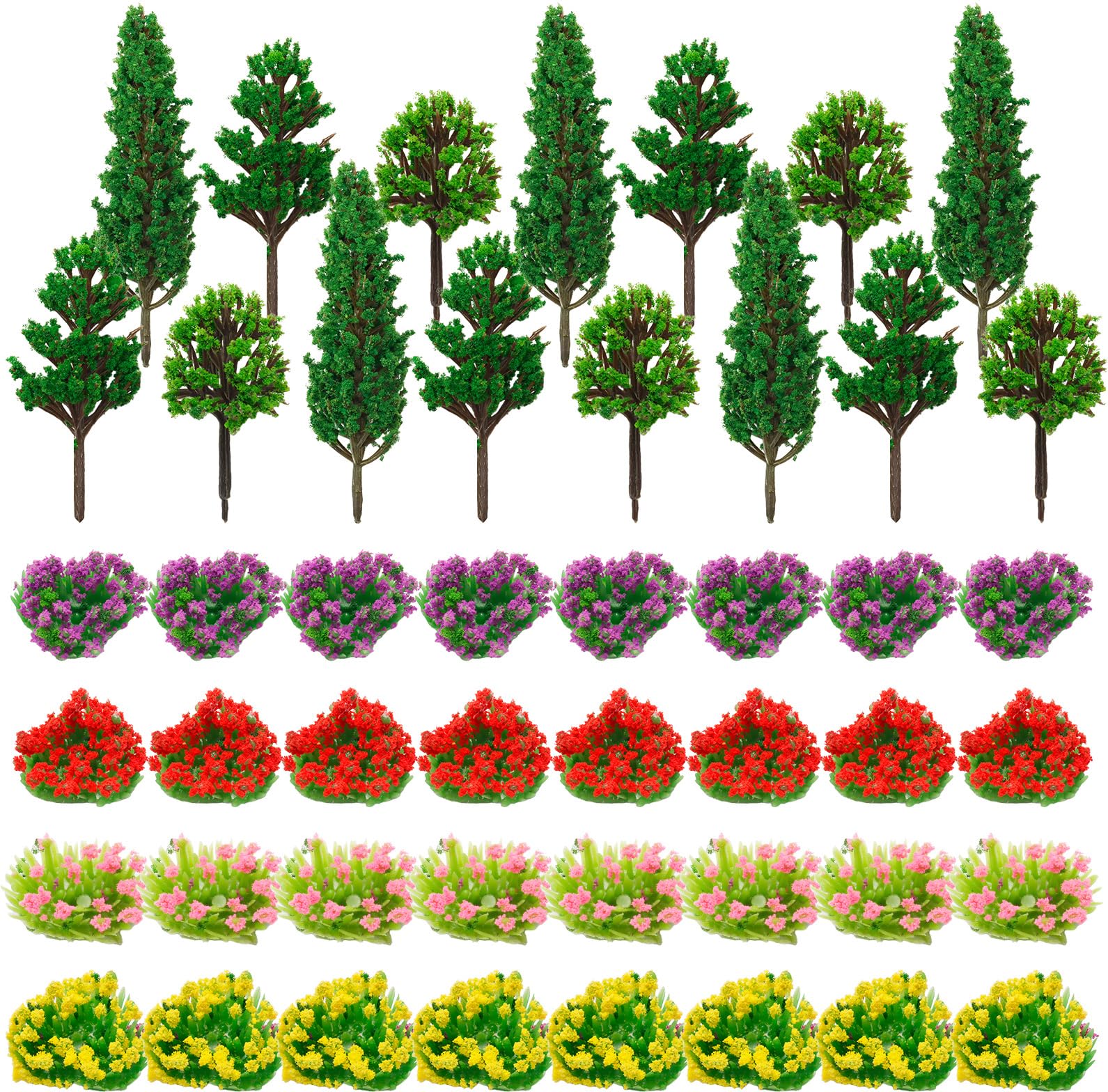 Warmtree 47 Pcs Mini Model Trees Miniature Colorful Flower Cluster,32 Miniature Flowers 15 Mixed Miniature Trees,Miniature Fairy Garden Tree Plant Train Landscape Military Layout Model Dioramas