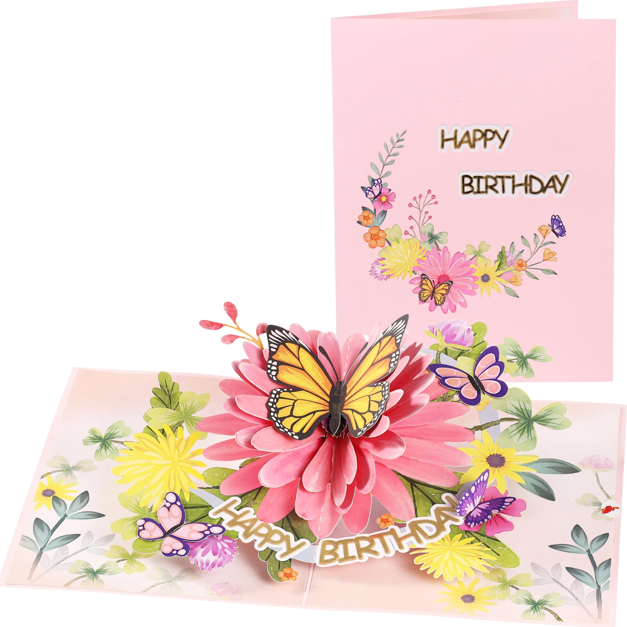 Pop Up Birthday Cards For Women&Wife, Beautiful Flowers and Monarch Butterfly, Elegant, Floral 3D Happy Birthday Greeting Cards, Ideal Gift for Mom, Sister, Her, Grandma, Aunt, Daughter, Stepmother