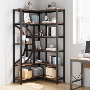 Knowfunn Industrial Corner Bookshelf with 6 Tier, L-Shaped Modern Bookcase, Large Corner Storage Rack, Wooden Corner Display Shelf for Home, Office, Living Room, Bedroom - Rustic Brown