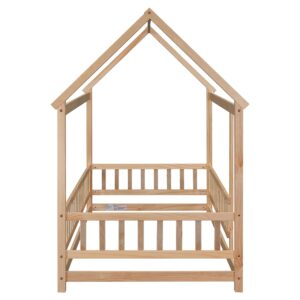 LostCat Twin Size House Bed Frame with Roof and Fence Guardrails, Wooden Floor Bed Frame for Kids, Teens, Adults, Montessori Floor Bed, Easy Assembly, Natural