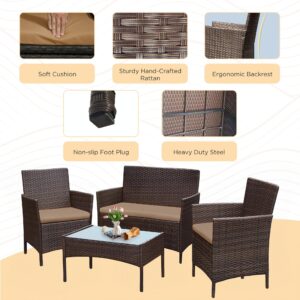 PROHIKER 4 Piece Outdoor Wicker Patio Conversation Furniture Set, Rattan Chair Wicker Sofa Garden Conversation Sets with Cushion and Glass Table for Yard Pool or Backyard, Brown/Khaki