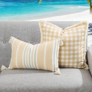 lewondr outdoor throw pillow covers 12×20&18×18 inch, waterproof throw pillow cases with fringe, striped decorative outdoor cushion covers for garden, patio, couch, balcony, 2 pack, beige