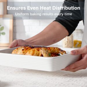 ONEMORE Ceramic Baking Dish, 9x13 Baking Pan Casserole Dish Large Rectangular Baking Dishes for Oven Deep Dish Lasagna Pan for Family Meals Ribbed White Bakeware for Roasting & Serving