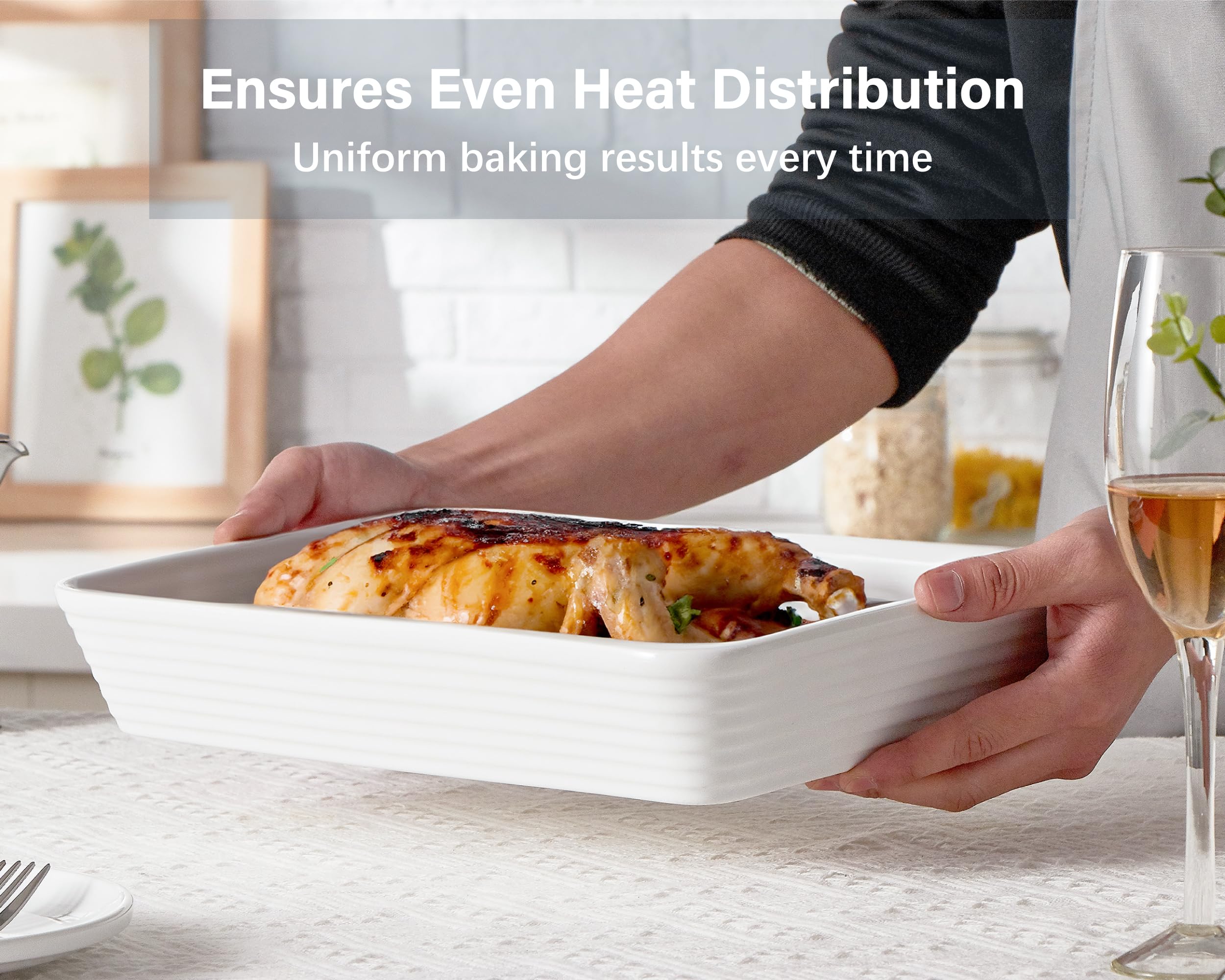 ONEMORE Ceramic Baking Dish, 9x13 Baking Pan Casserole Dish Large Rectangular Baking Dishes for Oven Deep Dish Lasagna Pan for Family Meals Ribbed White Bakeware for Roasting & Serving