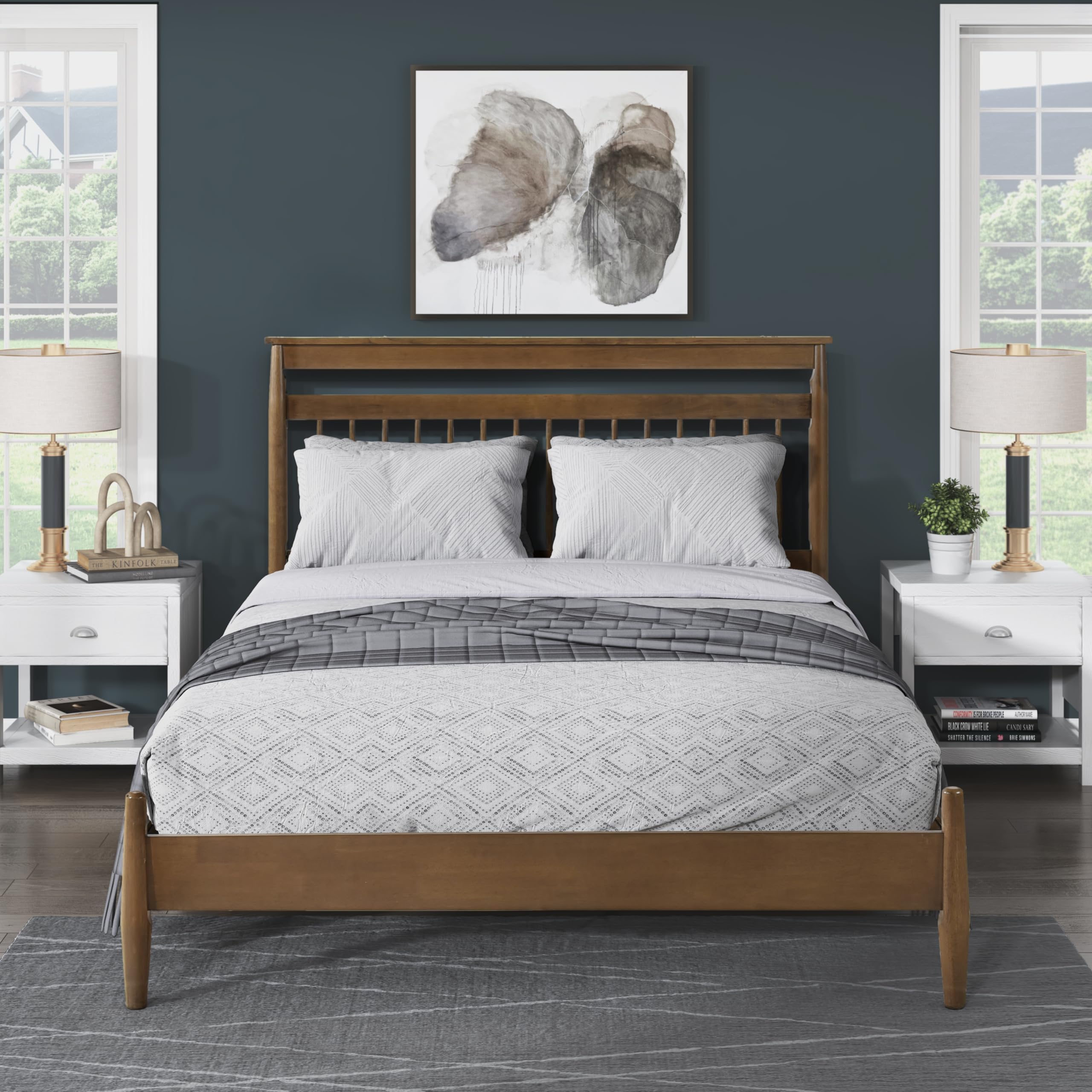 Lexicon Bed Frame with Headboard, Mid Century Modern Bed Frame with Spindle Headboard, Wood Platform Bed Frame Mattress Foundation No Box Spring Needed, Queen Bed, Caramel