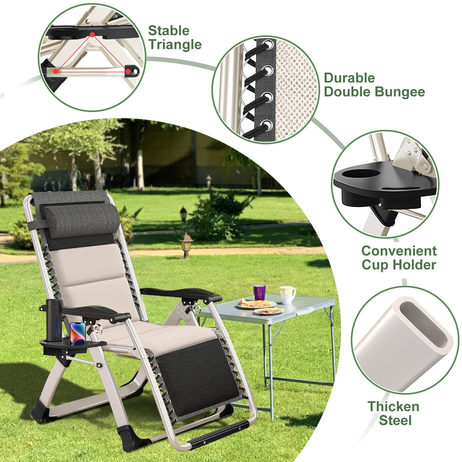 Barbella Zero Gravity Chair Reclining Lounge Chair Patio Chairs, Adjustable Lawn Recliner Folding Lounge Recliners with Removable Cushion, Headrest & Cup Holder, Reclining Chair for Indoor and Outdoor