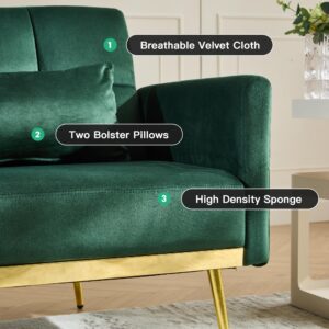 DIFY 70'' Velvet Futon Sofa Bed, Convertible Sleeper Sofa Tufted Couch with Adjustable Armrests and Backrest, Modern Loveseat Sleeper Bed with 2 Bolster Pillows for Living Room, Green