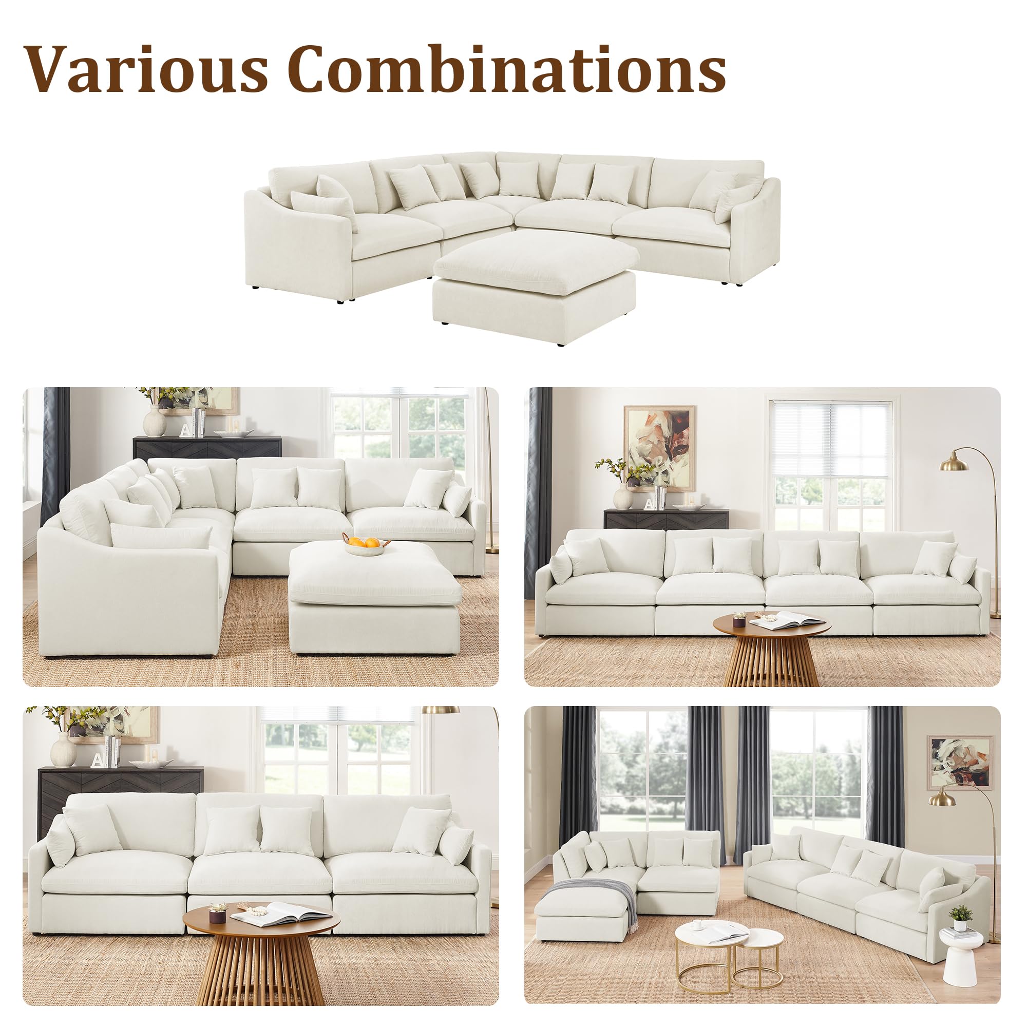 Olodumare L Shaped Modular Sectional Sofa Set with Ottoman, Free Combination Deep Seat Sofa with Down Feathers Filled,10 Pillows, 6-Seats Oversized Corner Sofa for Living Room Furniture,Chenille Beige