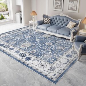 vamcheer area rugs for living room - 5’x7’ washable area rug for bedroom dining room kitchen indoor rugs, soft machine washable vintage carpet, blue