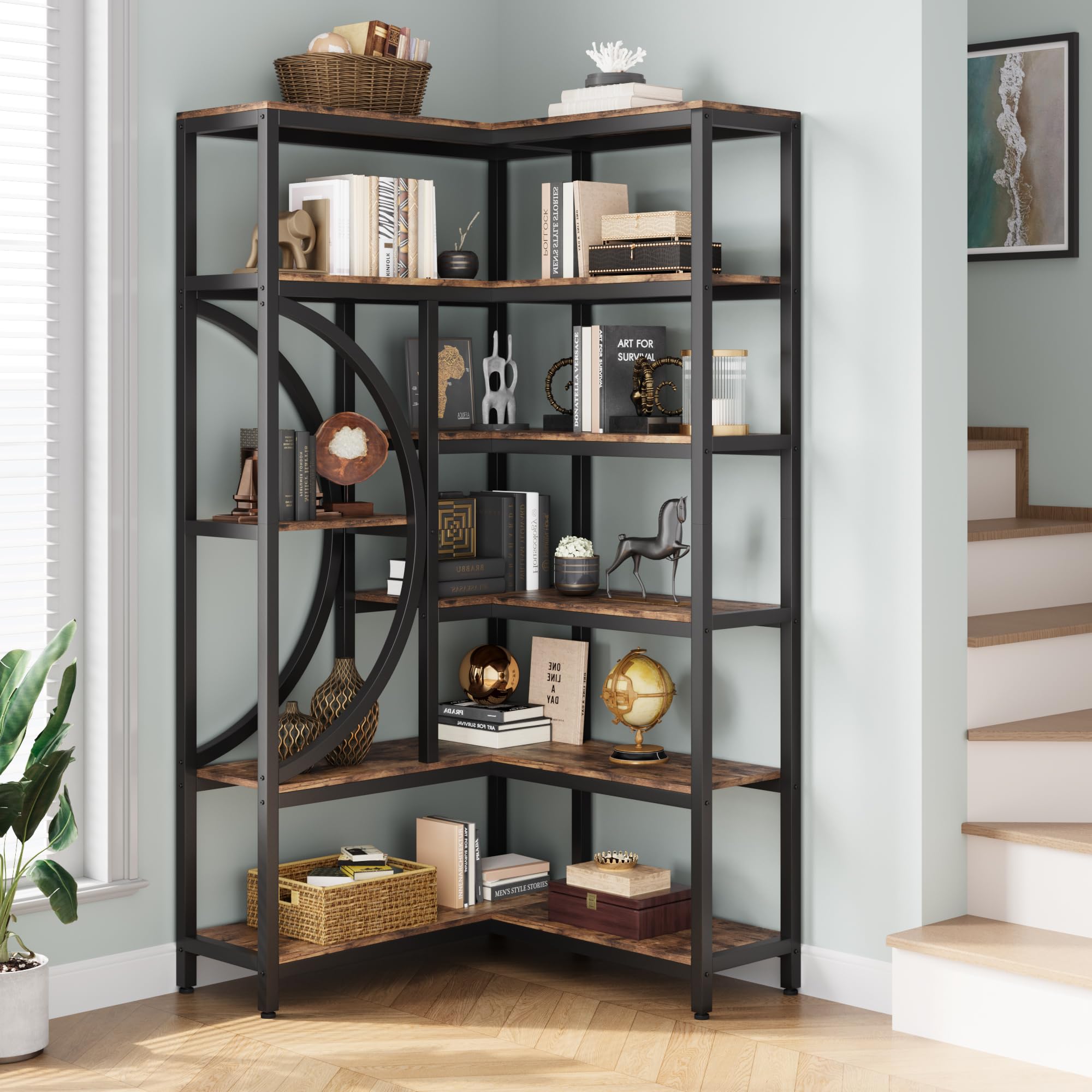 Knowfunn Industrial Corner Bookshelf with 6 Tier, L-Shaped Modern Bookcase, Large Corner Storage Rack, Wooden Corner Display Shelf for Home, Office, Living Room, Bedroom - Rustic Brown