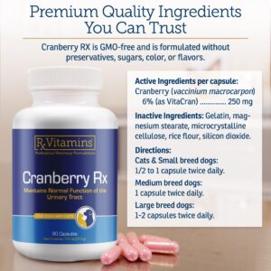 RX Vitamins Cranberry Capsules - Cranberry Supplement for Dogs and Cats - Supports for Urinary Tract Health and Bladder Health - Cat UTI Remedy and Dog UTI Prevention - Boost Immune Support - 90 count