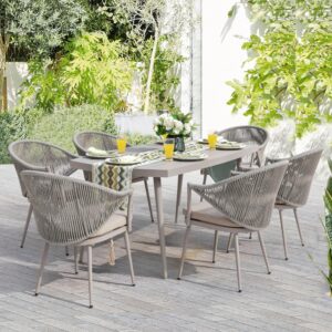 NUU GARDEN Patio Dining Chairs Set of 1, Woven Rope Outdoor Dining Chairs, All-Weather Aluminum Arm Chairs with Cushions for Garden, Deck, Backyard, Balcony, Lawn, Indoor, Beige