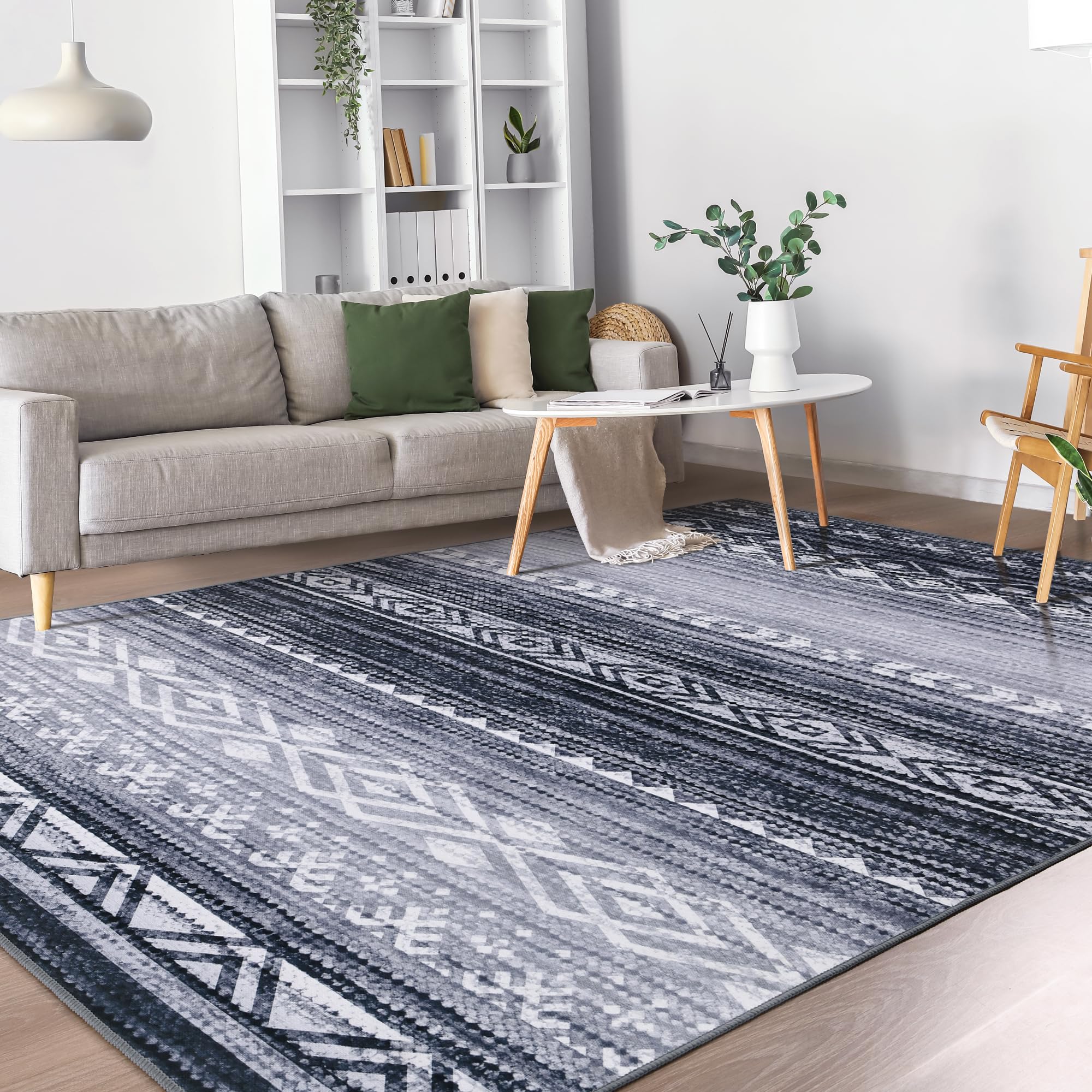 ST. BRIDGE Washable Low Pile Rug 4x6, Modern Ombre Area Rug for Living Room, Non-Slip Large Abstract Throw Mat, Non-Shedding Indoor Print Carpet for Bedroom Dining Room Office Home Decor，Grey