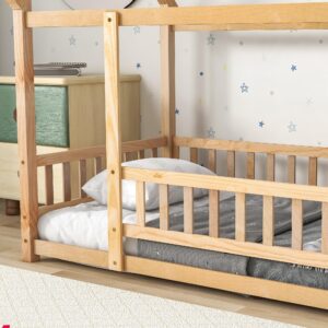 LostCat Twin Size House Bed Frame with Roof and Fence Guardrails, Wooden Floor Bed Frame for Kids, Teens, Adults, Montessori Floor Bed, Easy Assembly, Natural