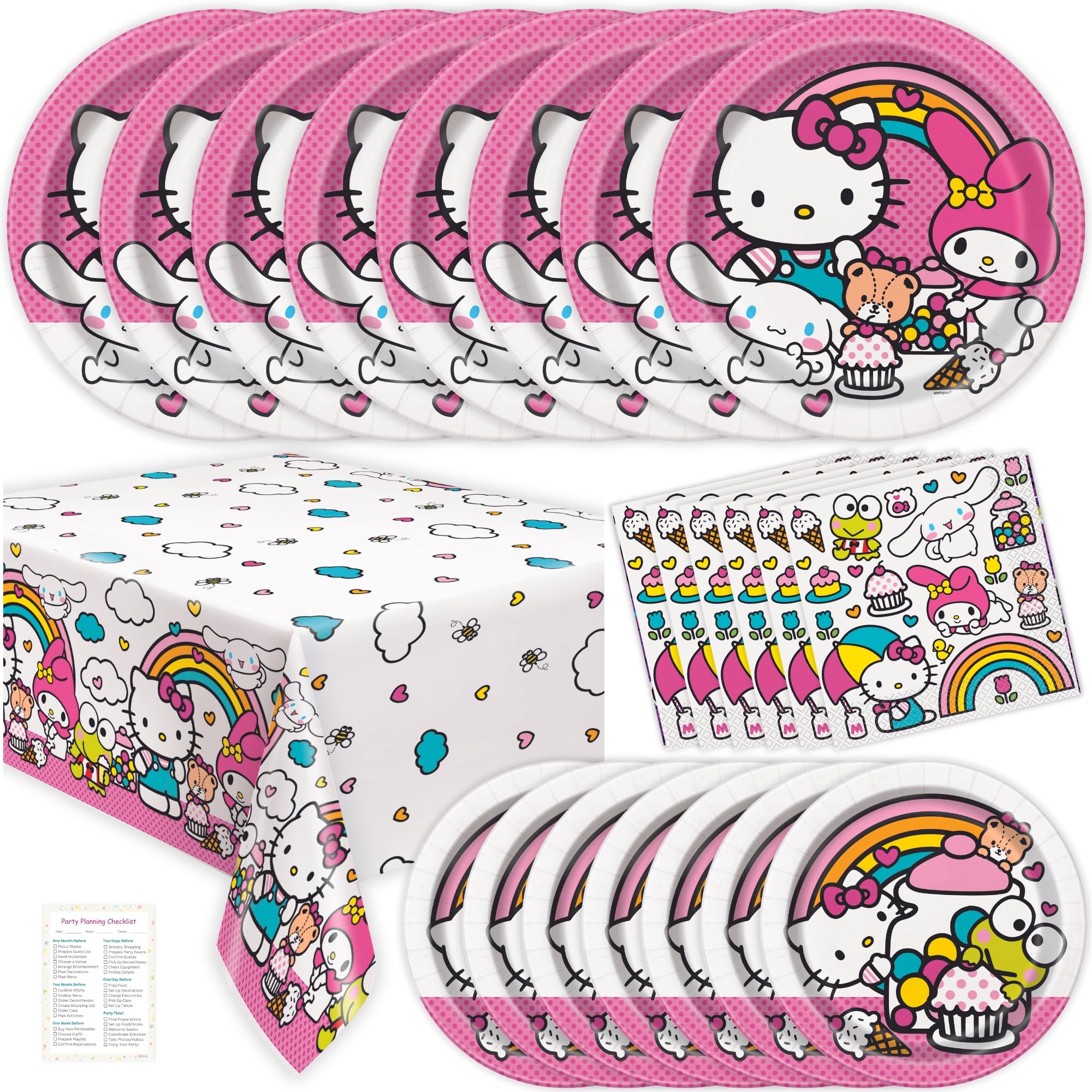 Hello Kitty Birthday Decorations Set - Serves 8 - Hello Kitty Plates and Napkins, Tablecloth, Checklist - Officially Licensed Hello Kitty Party Supplies