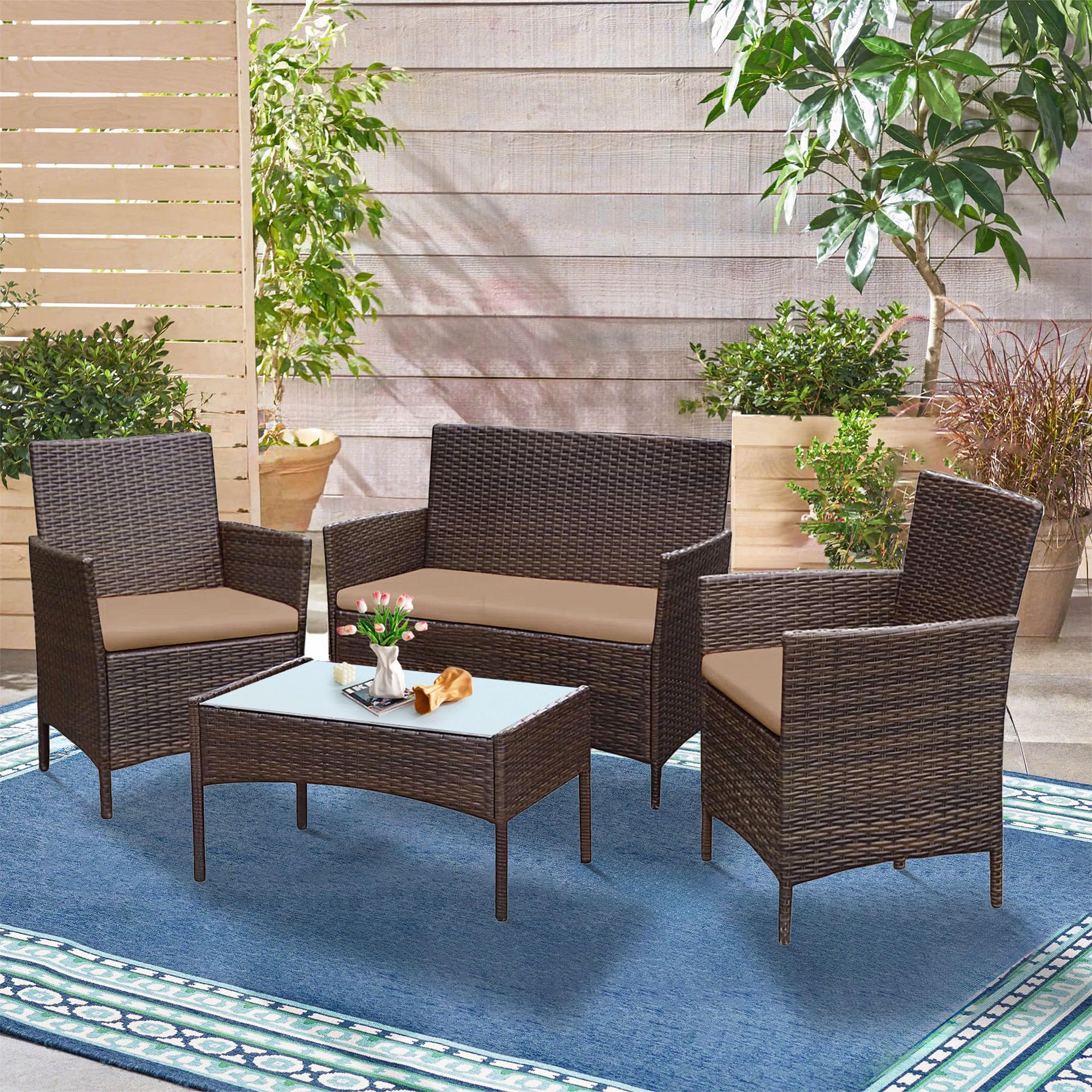 PROHIKER 4 Piece Outdoor Wicker Patio Conversation Furniture Set, Rattan Chair Wicker Sofa Garden Conversation Sets with Cushion and Glass Table for Yard Pool or Backyard, Brown/Khaki