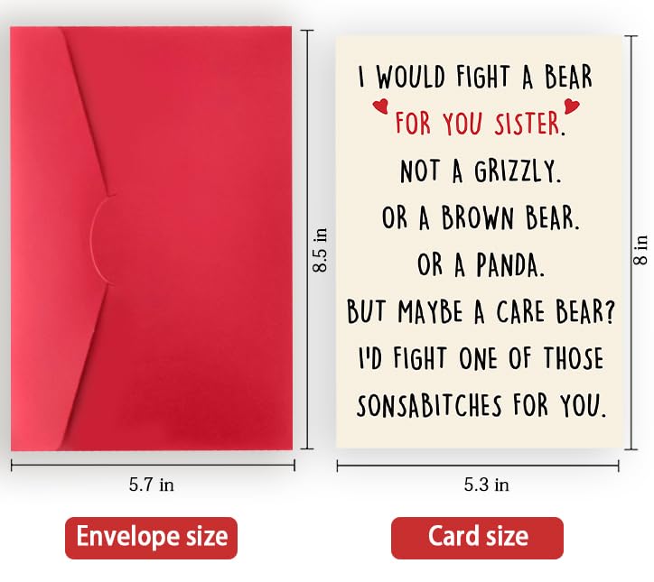 Londue Funny Birthday Card for Sister, Graduation Gifts for Sister from Mom Dad Friend Brother Sibling, Sister Card-I Would Fight A Bear for You Sister