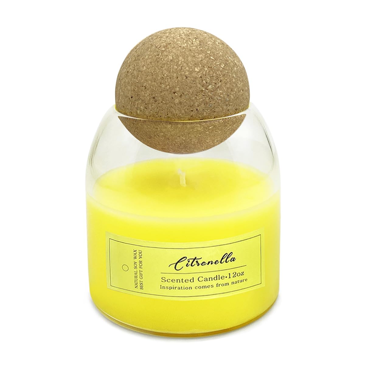 Citronella Candle for Outdoor or Indoor, Glass Jar Candle with Ball Cork Lid, 12oz Lemongrass Candles with Natural Essential Oils & Soy Wax, Smokeless, Non-Toxic