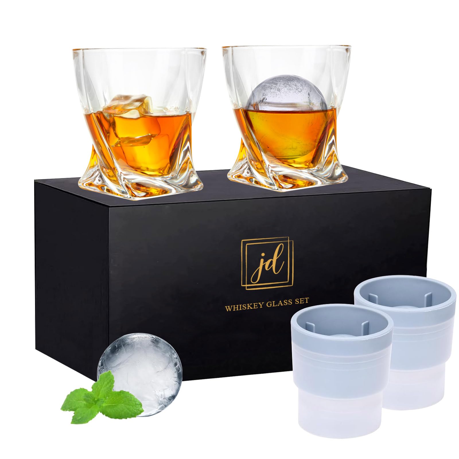 Whiskey Rocks Glass Set In Gift Box - Includes 2 Crystal Bourbon Glasses and 2 Big Ice Ball Molds - 11 Oz Old Fashioned Glasses for Scotch, Cocktails, Rum, Cognac, Vodka - Unique Gift for Men