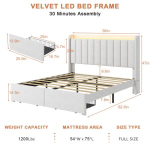 TIGUBFRE Full Size Bed Frame with Storage Headboard, Upholstered Platform Bed Frame with LED Lights, Drawers, Charging Station, Wood Slats Support, No Box Spring Needed, Beige