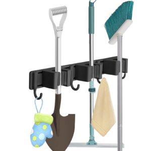 broom and mop holder wall mount,upgraded broom organizer,broom hanger wall mount for home kitchen bathroom garden laundry garage,tool organizer with 3 racks and 4 hooks (black, 3 racks with 4 hooks)