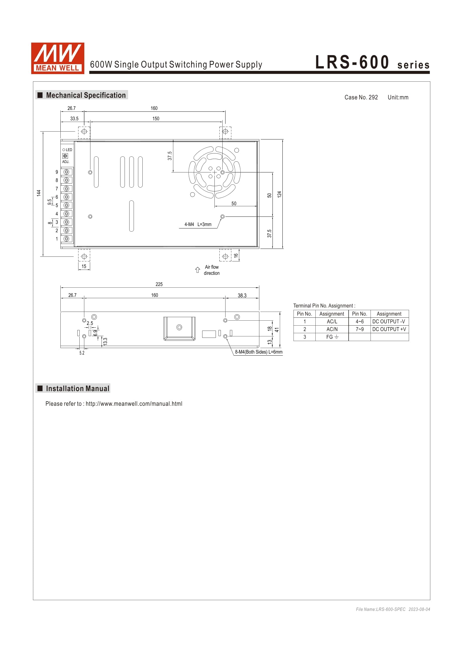 Mean Well LRS-600-36 597.6W Single Output Switching Power Supply LRS-600 36V/16.6A