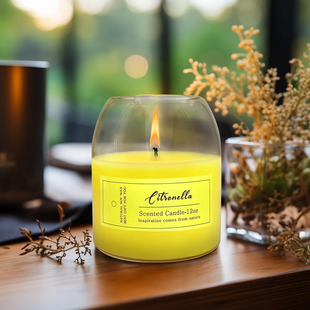 Citronella Candle for Outdoor or Indoor, Glass Jar Candle with Ball Cork Lid, 12oz Lemongrass Candles with Natural Essential Oils & Soy Wax, Smokeless, Non-Toxic