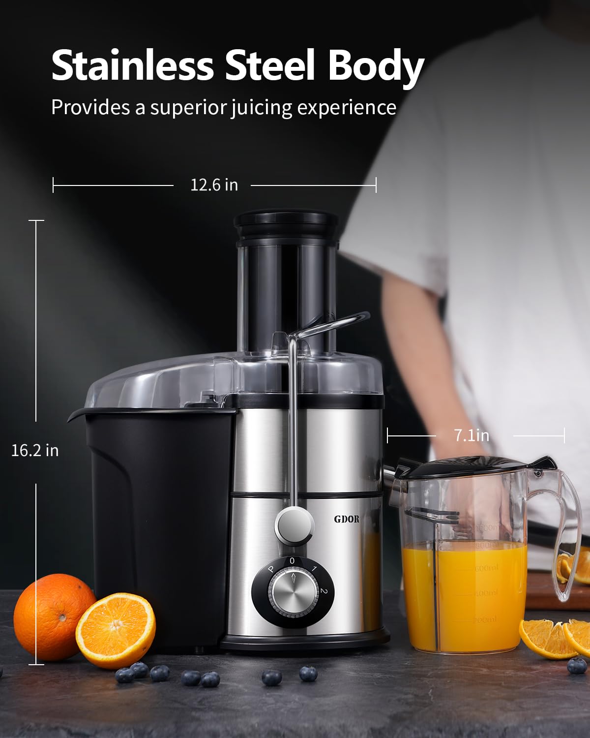 GDOR 1200W Juicer with 3-Speed Setting, Extra Large 3.4” Feed Chute Juicer Machines for Whole Fruits and Veggies, Centrifugal Juicer with 34 Oz Juice Pitcher, BPA-Free, Easy to Clean, Silver