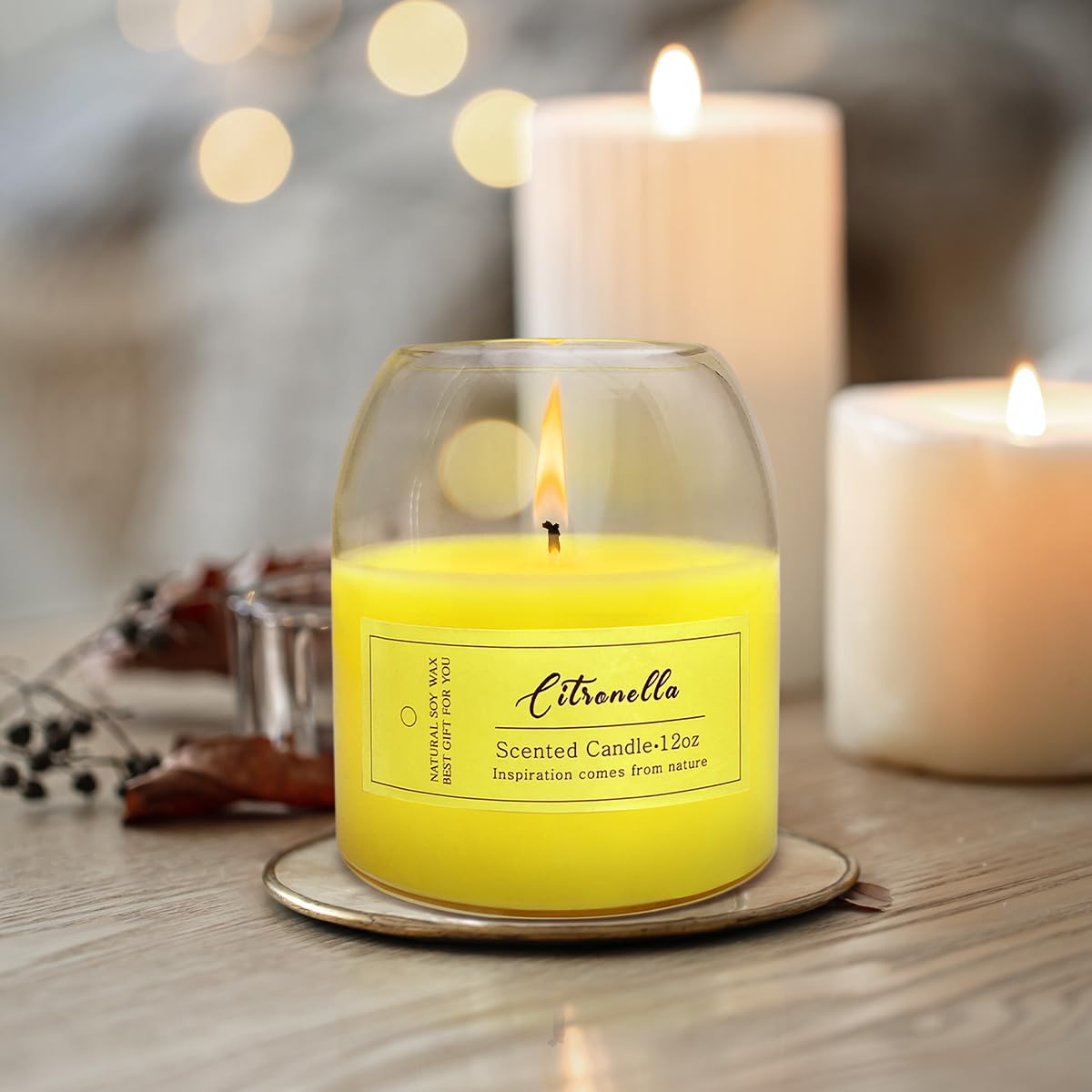 Citronella Candle for Outdoor or Indoor, Glass Jar Candle with Ball Cork Lid, 12oz Lemongrass Candles with Natural Essential Oils & Soy Wax, Smokeless, Non-Toxic