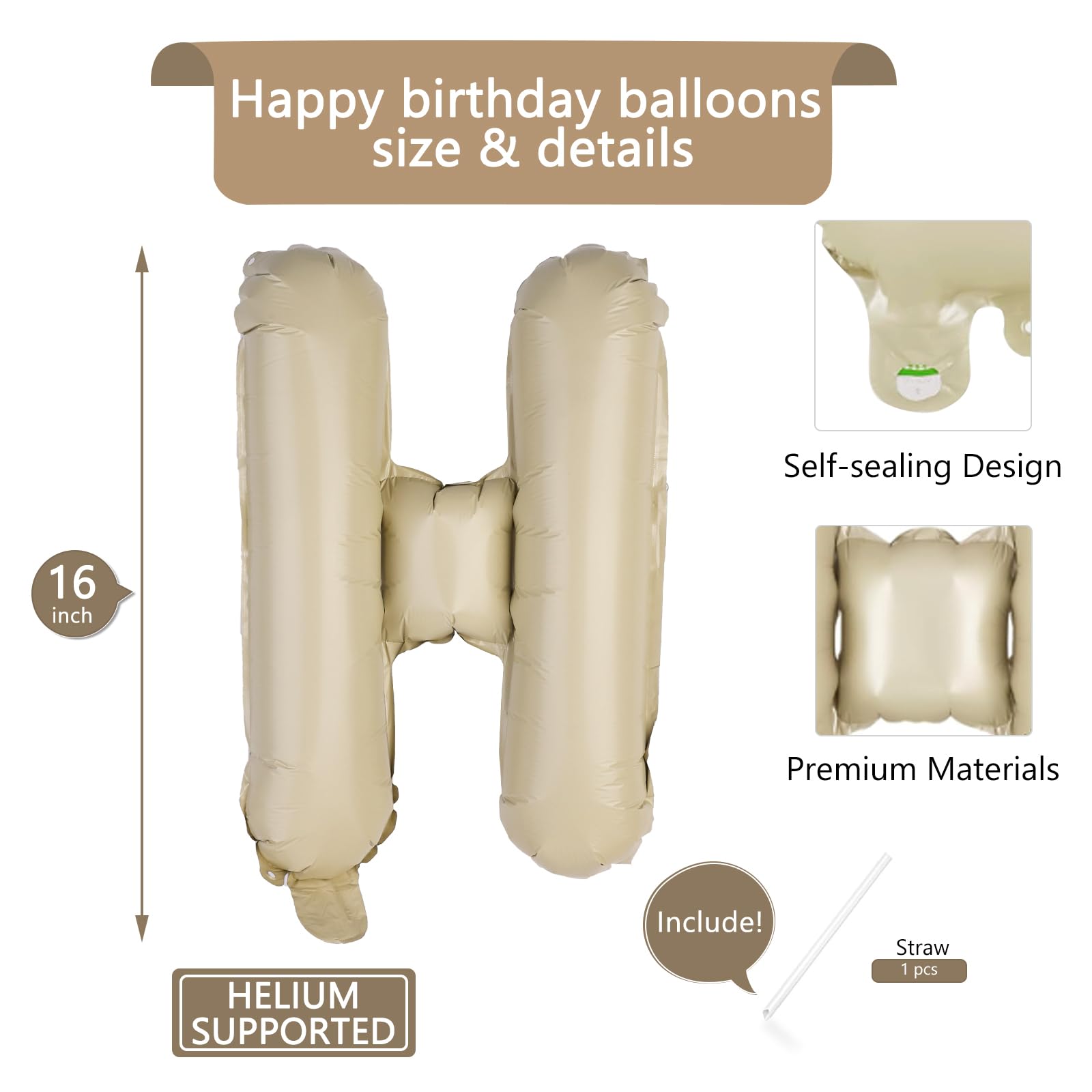 Beige Happy Birthday Balloons Banner 16 Inch Mylar Foil Letters | Inflatable Party Decor and Event Decorations for Kids and Adults | Reusable, Ecofriendly Fun