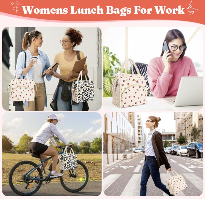 Lunch Bag Women Insulated Lunch Box Wide-Open Lunch Tote Bag Large Drinks Holder Durable Nylon Thermal Snacks Organizer for Men Adults Work Picnic Hiking Beach Fishing, Strawberry Corduroy