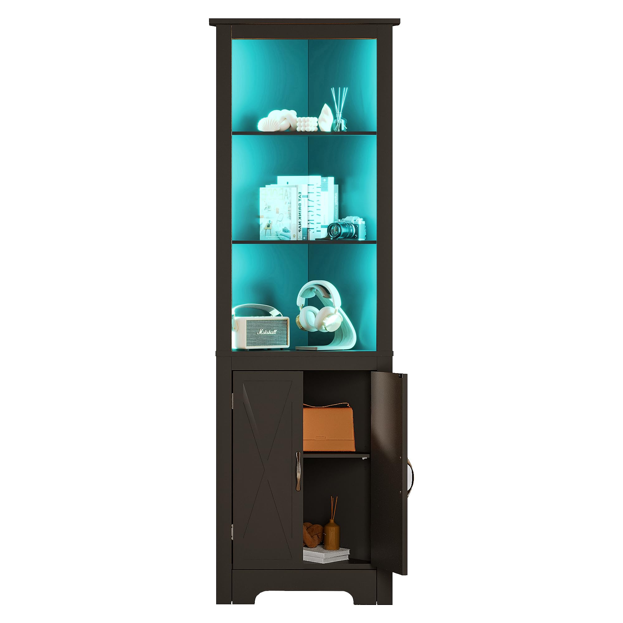 ChooChoo Tall Corner Storage Cabinet with LED Lights, 5-Tier Corner Bookshelf Stand with Barn Doors, 66.9" Gothic Corner Display Cabinet with Adjustable Shelf for Living Room, Gaming Room, Black