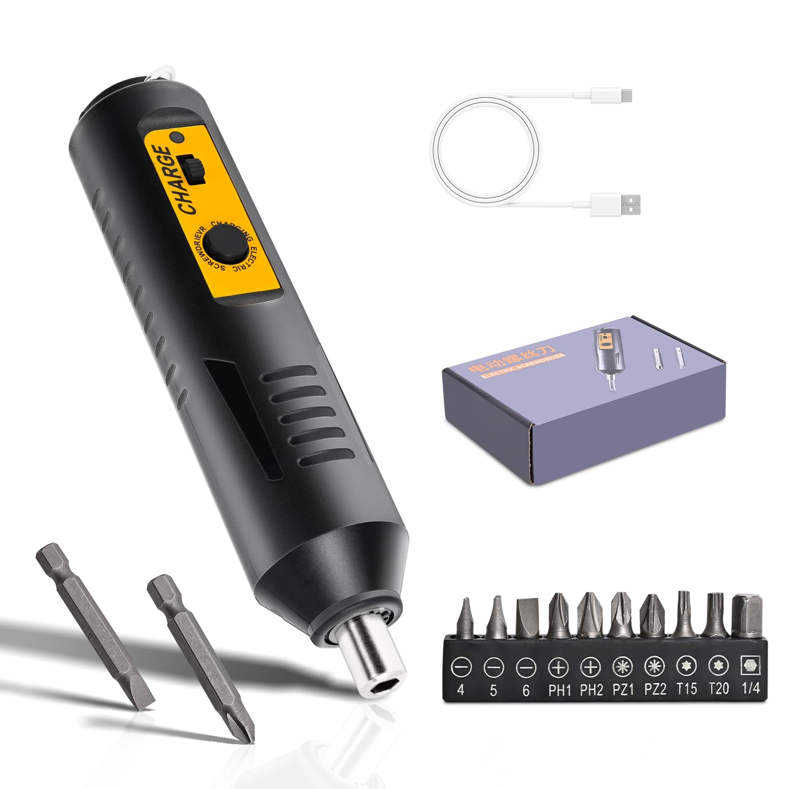 Mini Cordless Electric Screwdriver,Rechargeable, Can Rotate Clockwise Or Counterclockwise,With A Button Control And Ultra Long Battery Life,10 Bits&2 Extended Bits, USB Cable, Magnetic Hex Chuck