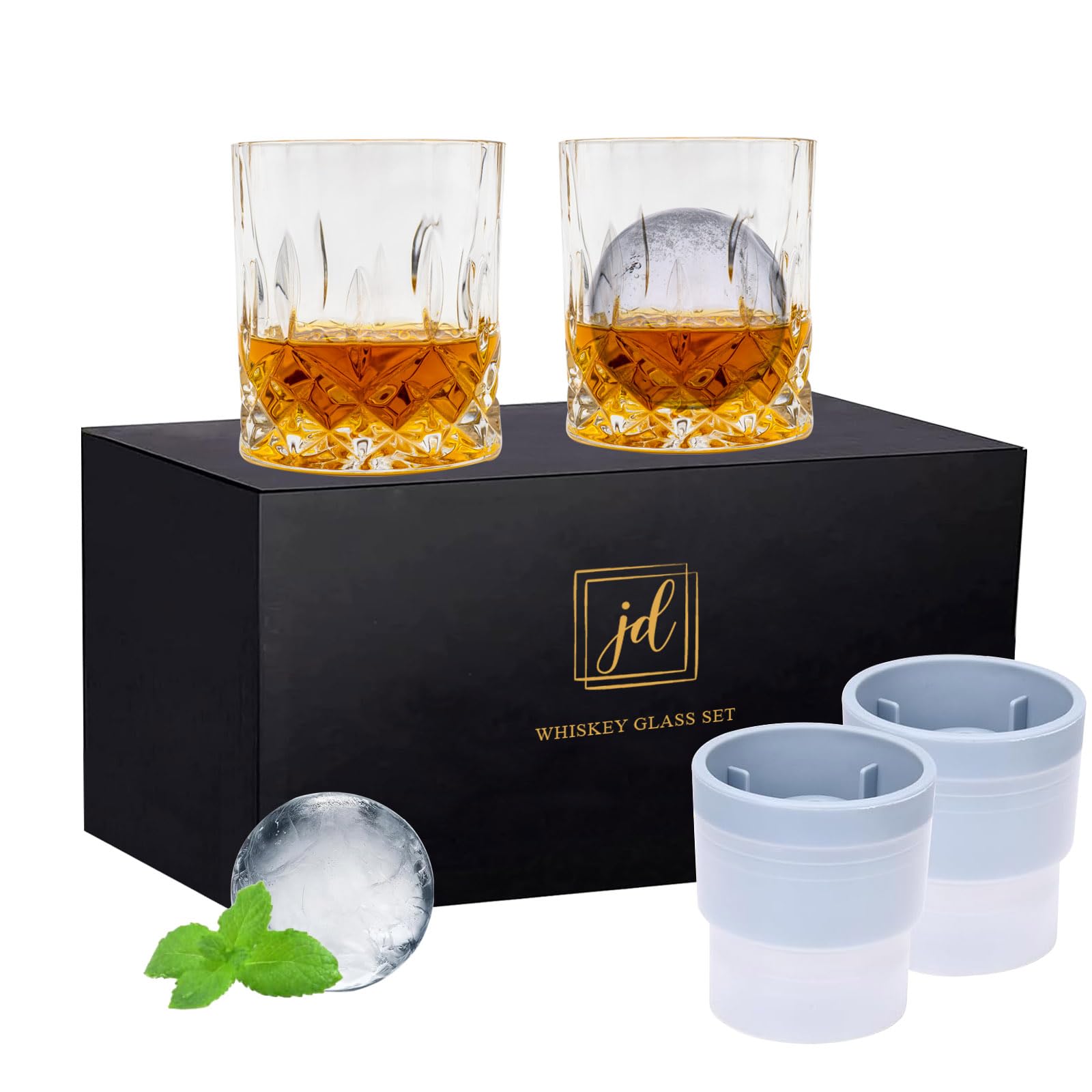 Whiskey Rocks Glass Set In Gift Box - Includes 2 Crystal Bourbon Glasses and 2 Big Ice Ball Molds - 10 Oz Old Fashioned Glasses for Scotch, Cocktails, Rum, Cognac, Vodka - Unique Gift for Men