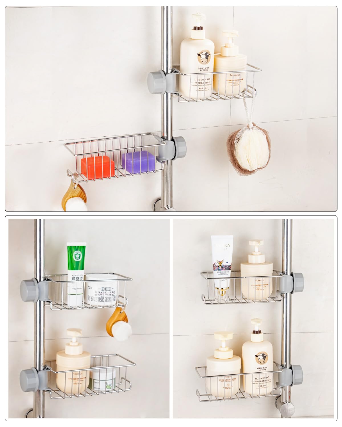 QIHS Shower Rack, Paw Feet Tub Accessories (No Shower Rod), 304 Stainless Steel 2 Tier Adjustable Basket, Bathroom Shower Rod Storage Organizer for Bathroom Shampoo Storage, AM-079-1