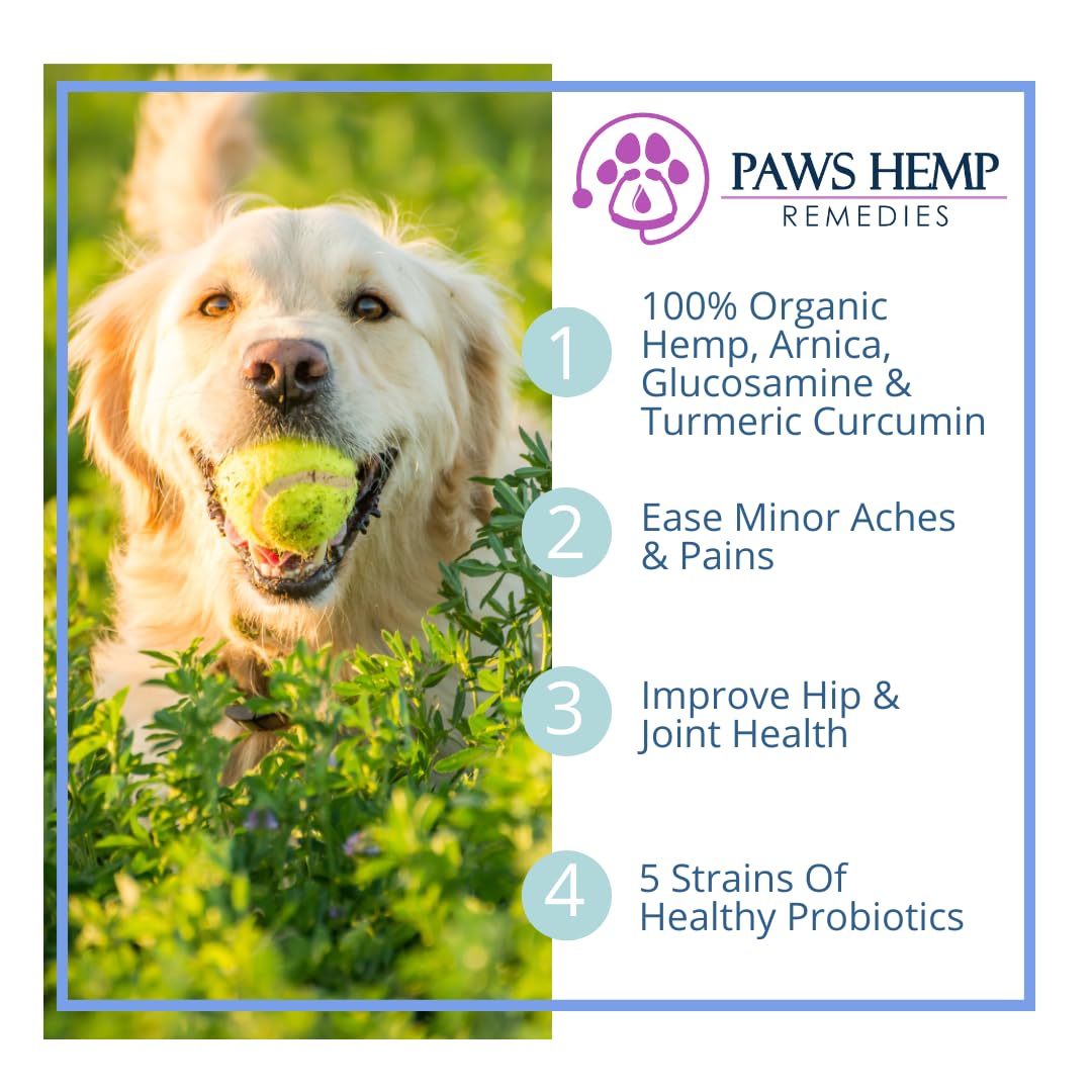 Generic Mobility Chews for Dogs. Glucosamine, Arnica, Turmeric, Hemp Oil Extract. Plus 5 Probiotic Strains for Gut Health. Beef Flavor, 100% Organic Hemp, Grain Free. Made in USA (900 mg), Brown