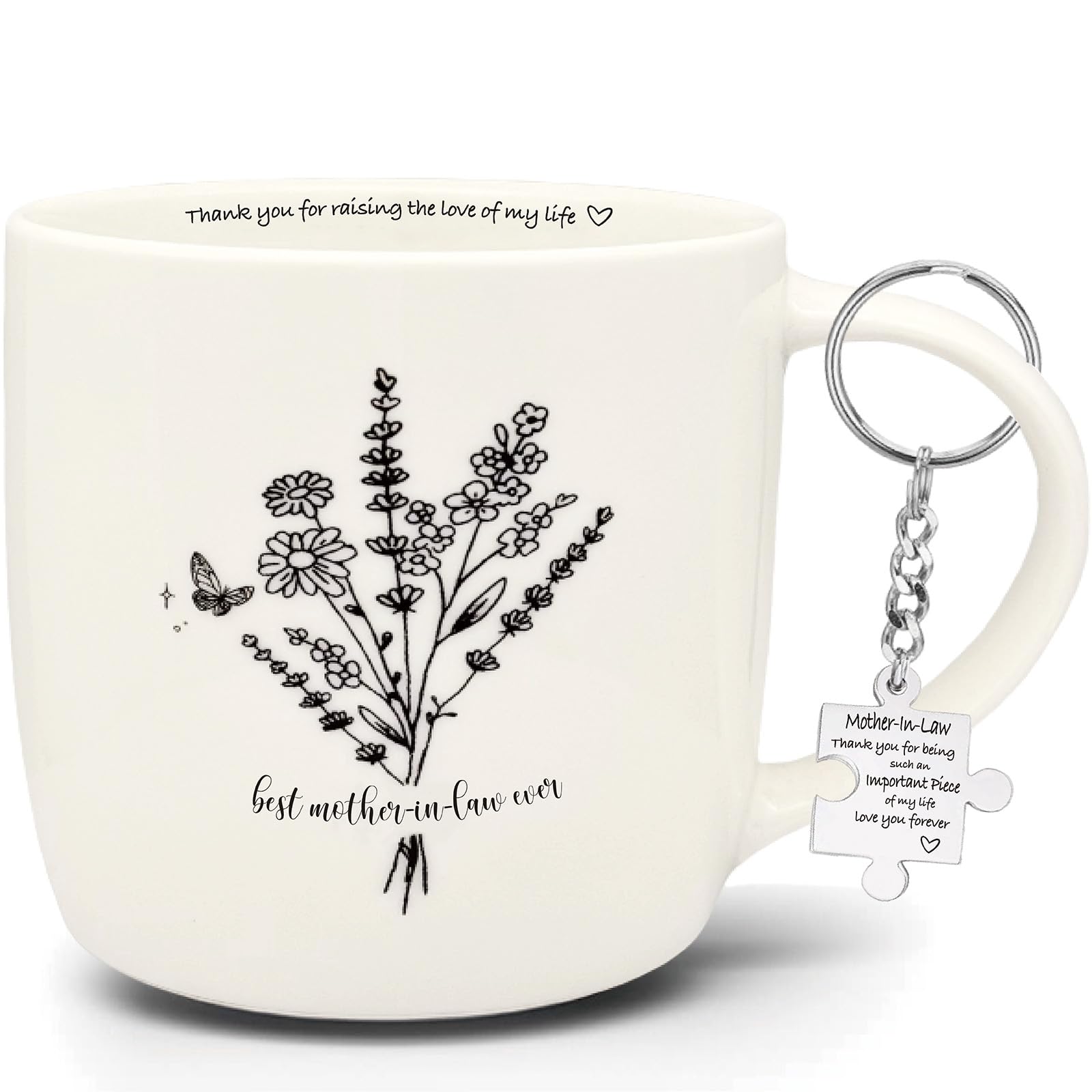 MALLAbyLAMMA Best Mother in Law Ever Coffee Mug Floral12 Ounce Ceramic, Mother-in-Law Keychain, Best Mother in Law Birthday Gift, Thank You Gift for Mother in Law Mothers Day Christmas