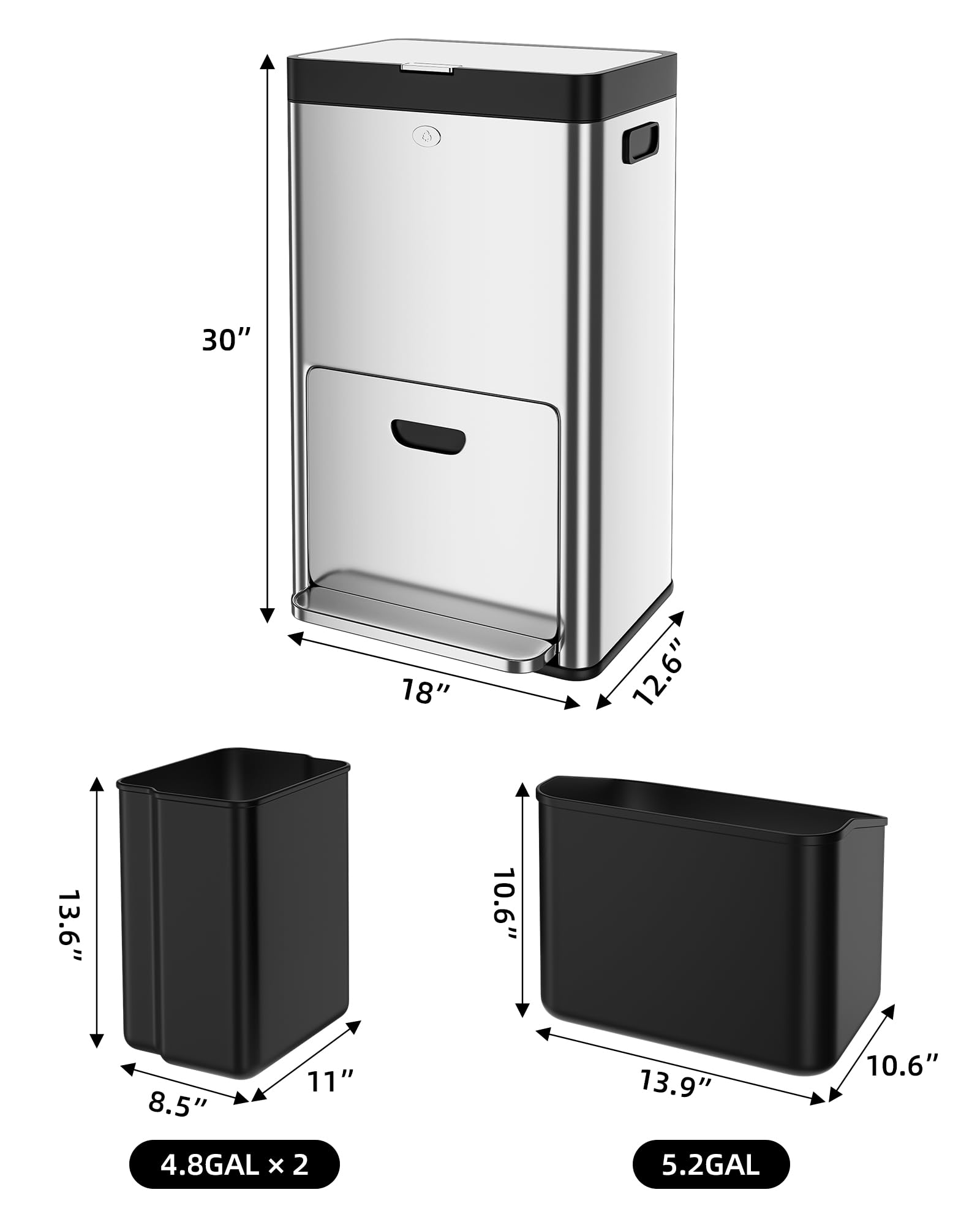 Vertical Trash Can - 2 Tiers 14 Gal Stainless Steel Tall Trash Can with Recycle Combo for Office Indoor