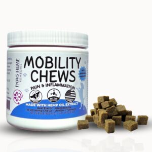 generic mobility chews for dogs. glucosamine, arnica, turmeric, hemp oil extract. plus 5 probiotic strains for gut health. beef flavor, 100% organic hemp, grain free. made in usa (900 mg), brown