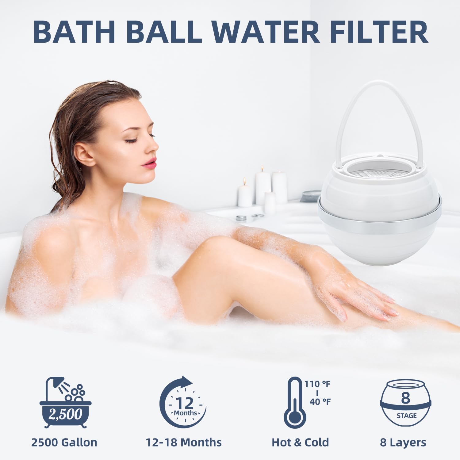 Bath Ball Filter, Bath Ball Water Filter, Bathtub Water Filter, Bath Ball Bathtub Water Filter for Tub Faucet - BPA Free - White with Replacement Cartridge