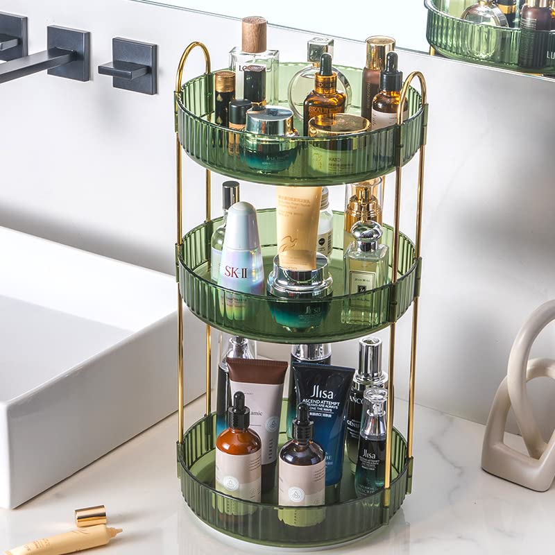 Wolfive 3-layer bathroom counter organizer, large capacity 360° rotating makeup table storage rack, lipstick and skin care storage rack, for bedroom, bathroom, kitchen and other storage (Dark green)