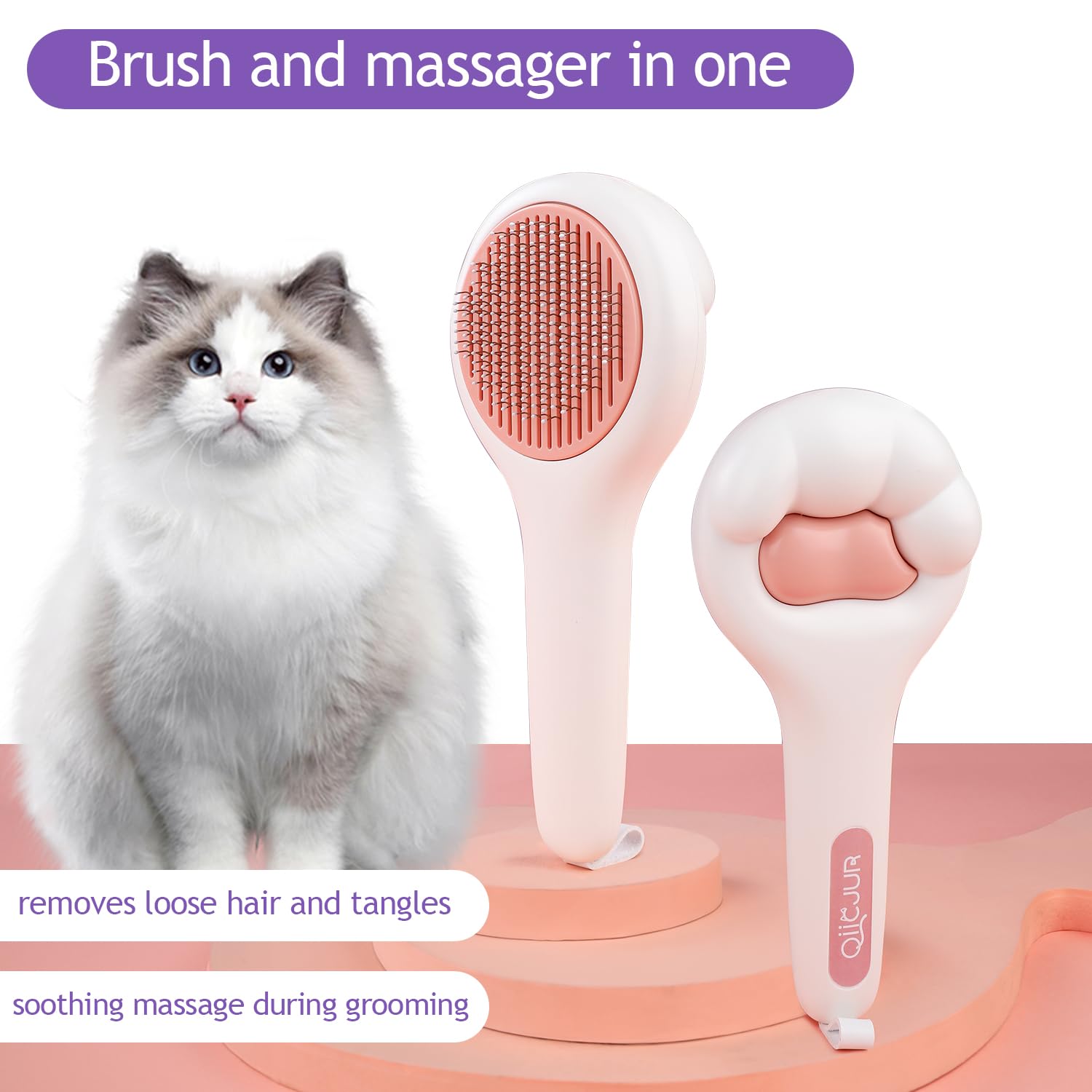 QIICJUR Cat Brush for Long or Short Haired Cats and Dogs, Self Cleaning Pet Hair Brush, Removes Loose Fur, Tangles, Mats, Dander, Dirt, Provides Relaxing Massage, Pink White