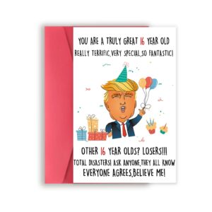 missonemi funny trump 16th birthday card for him her, humorous donald 16th birthday card gift for son daughter, 16 year old birthday decoration for niece nephew